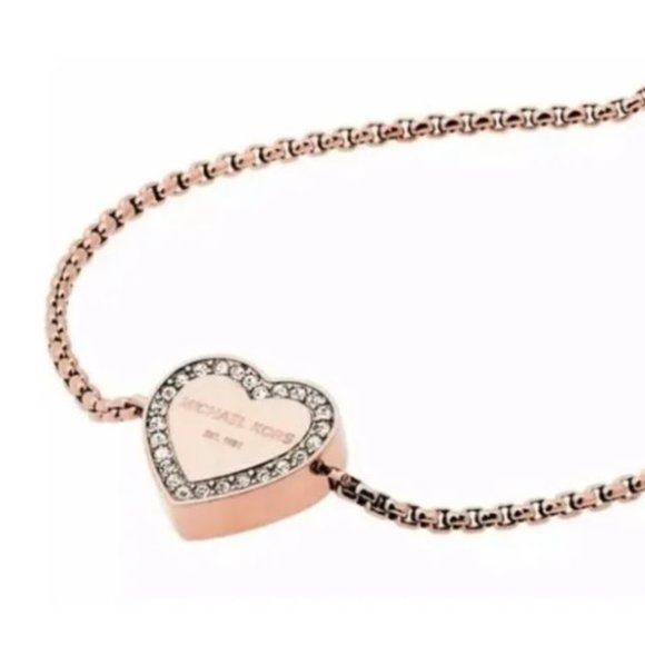 Michael Kors Rose Gold Heritage Pave Logo Heart Slider Bolo Bracelet - Picture 3 of 6